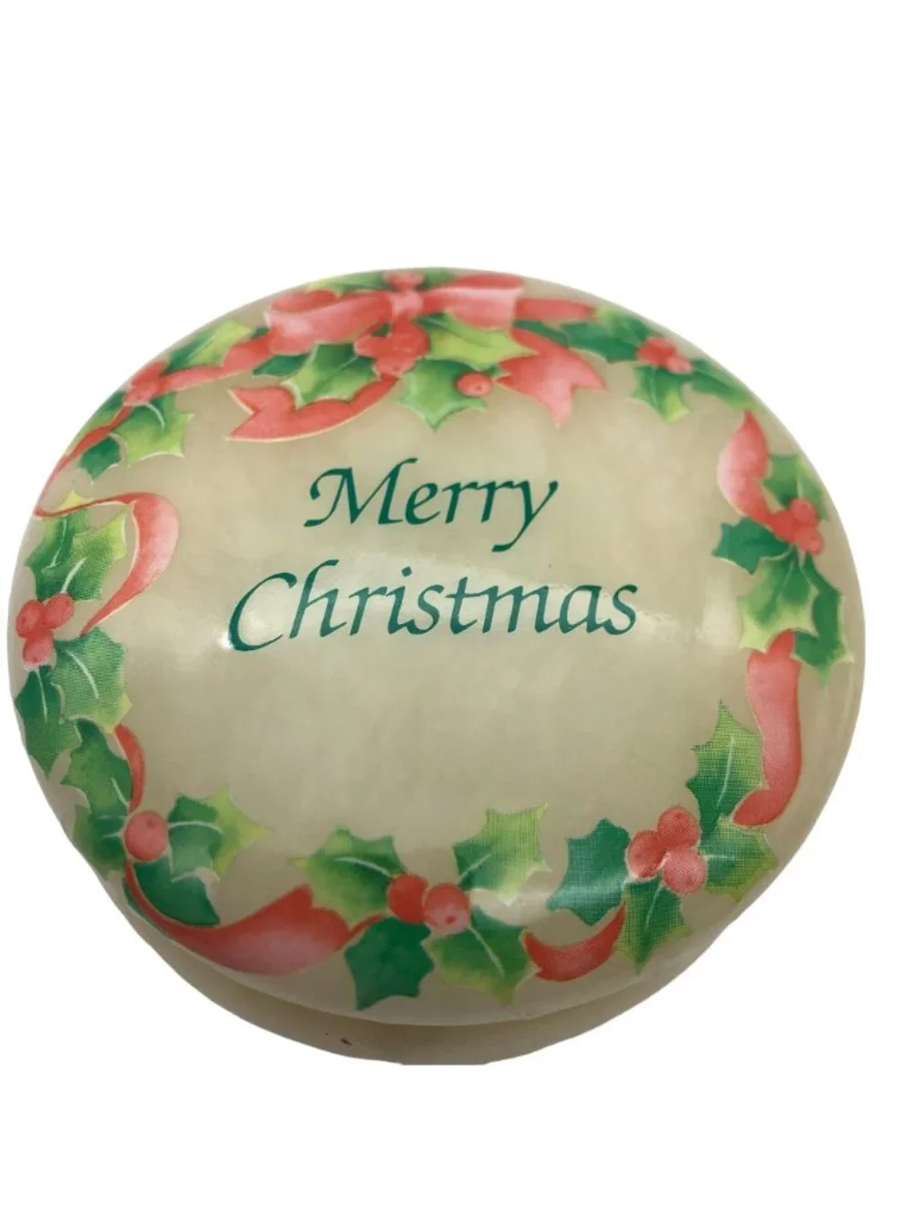 Genuine Alabaster Merry Christmas Hand Carved Trinket Jewelry Box Holly Border